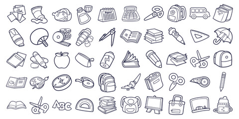 Vector set bundle doodle line art various attributes of school and academic equipment