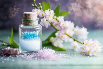 Fototapeta na wymiar spa skin care product sea salt in bottle with flowers