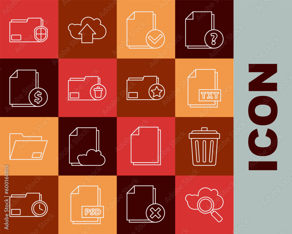 Aufkleber set line search cloud computing, trash can, txt file document, document and check mark, delete folde