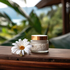 spa skin care product on wooden table with flower on top