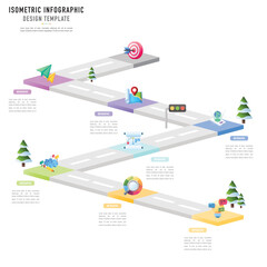 Rectangular isometric roadmap infographic template or element with 7 step, process, option, colorful 3D rectangle, traffic light, icon, dart, road, square, bar for sale, slide, flowchart, brochure web