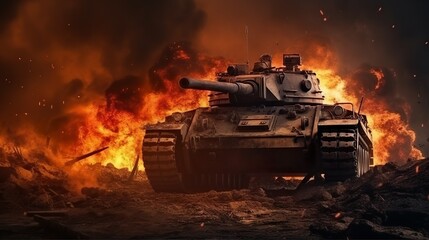 tank on war zone fire and smoke in the desert background Generative AI