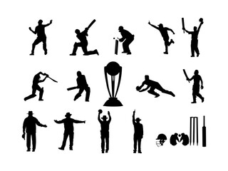 Cricket player silhouettes vector. Collection of cricket player silhouettes in various poses. Set of cricket players silhouettes batting bowling fielding umpiring vector background.