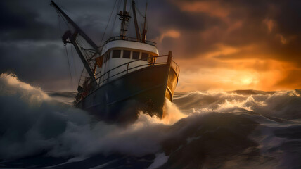 fishing boat on a stormy sea at sunset - generative AI