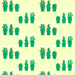 Seamless pattern with silhouettes of cacti on a striped background