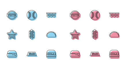Set line Burger, Taxi car roof, Vote, Hotdog sandwich, Taco with tortilla, USA Independence day and Baseball ball icon. Vector