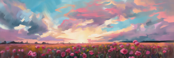 A painting of a field of flowers with a sky background and a pink and blue sky in the background with a pink and blue sky, generative ai