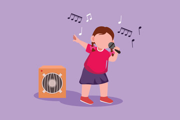 Character flat drawing happy little girl sing a song at school festival. Cute kids with good performance and talent on stage. Beautiful melodic singing of children. Cartoon design vector illustration