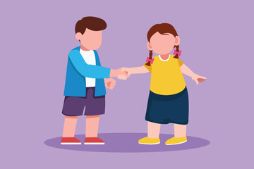 Cartoon flat style drawing cute little boys and girls standing and shaking hands making friendship. Children introduce themselves. Kids touching each other's hand. Graphic design vector illustration