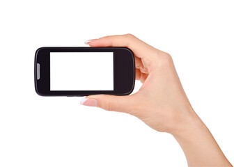 Hand holding mobile smart phone with blank screen. Isolated on white background.
