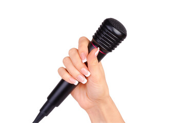 Woman's hand holding a microphone for an interview on a white background