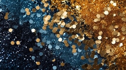 Glitter particles in gold and blue colors on a dark background created with Generative AI technology