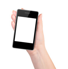 Hand holding mobile smart phone with blank screen. Isolated on white background.