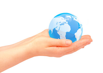 Woman's hands holding the glass earth globe on white background.