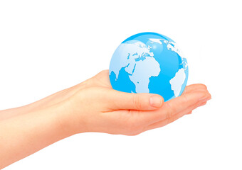Woman's hands holding the glass earth globe on white background.