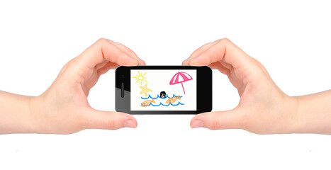Hands holding mobile smart phone with summer vacation screen.