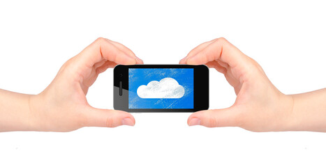 Hands holding mobile smart phone with cloud screen. Isolated on white background.