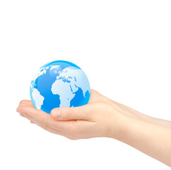Woman's hands holding the glass earth globe on white background.