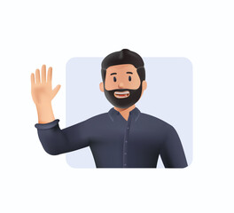 Happy business man waving hand. 3D Young cheerful handsome bearded man greeting with open hand greeting gesture. 3D hi - obrazy, fototapety, plakaty