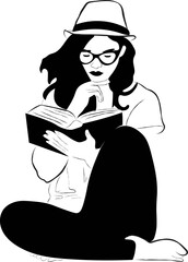 Woman Reading a Book Line Drawing