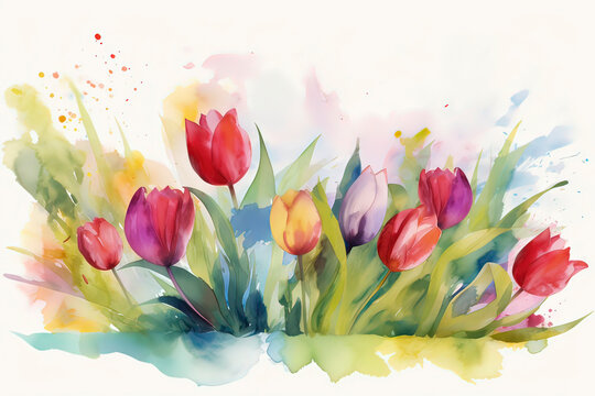 Watercolor illustrations of spring flowers. AI technology generated image