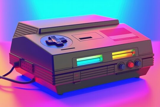 Old video game console, 80s and 90s, retro style, colorful background, digital illustration. Generative AI