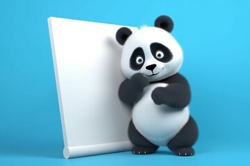 Fototapeta premium Panda and white paper with space to write, warning concept, blue background, digital illustration. Generative AI