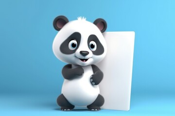Naklejka premium Panda and white paper with space to write, warning concept, blue background, digital illustration. Generative AI