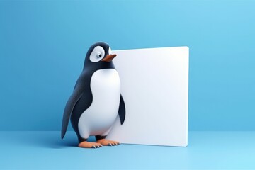Obraz premium Penguin with white board with space to write, blue background, illustration. Generative AI