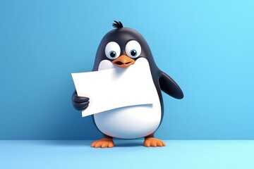 Obraz premium Penguin with white board with space to write, blue background, illustration. Generative AI