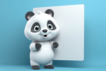 Panda and white paper with space to write, warning concept, blue background, digital illustration. Generative AI