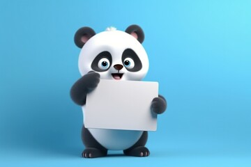 Fototapeta premium Panda and white paper with space to write, warning concept, blue background, digital illustration. Generative AI