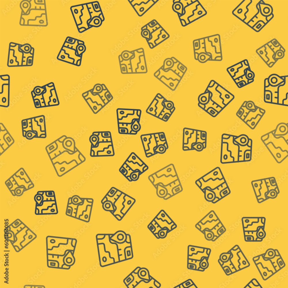 Poster blue line infographic of city map navigation icon isolated seamless pattern on yellow background. mo