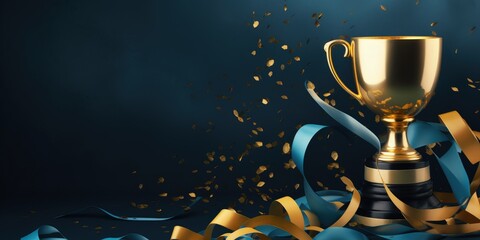 Golden trophy and streamers, business and competition concept, blue background. Generative AI