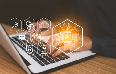 Businessman using laptop with artificial intelligence using service concept, insurance data...