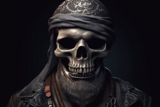 Pirate captain skull with headband, black background fantasy concept. Generative AI