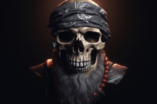 Pirate captain skull with headband, black background fantasy concept. Generative AI