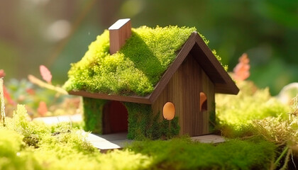 Fototapeta na wymiar Small wooden eco house . in support of ecology. High quality