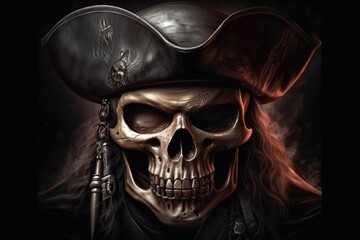 Skull of a pirate with hat, black background digital illustration. Generative AI