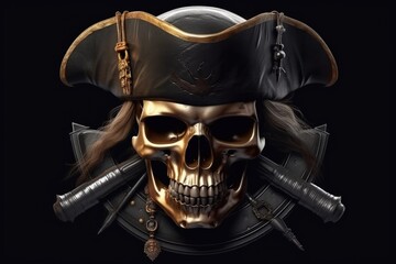 Skull of a pirate with hat, black background digital illustration. Generative AI