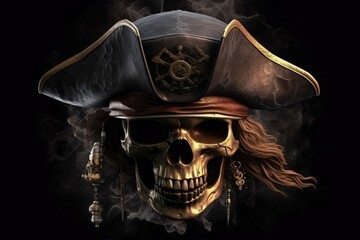 Naklejka premium Skull of a pirate with hat, black background digital illustration. Generative AI