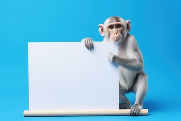 Monkey holding white paper with space to write, warning concept, blue background, digital illustration. Generative AI
