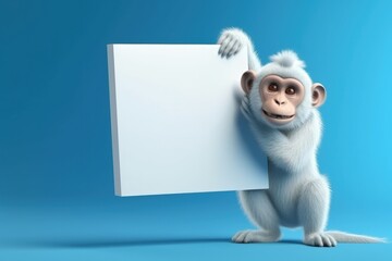 Monkey holding white paper with space to write, warning concept, blue background, digital illustration. Generative AI