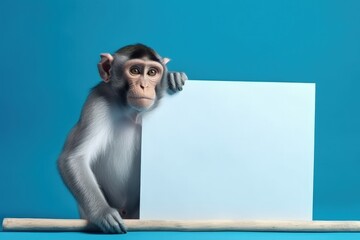 Monkey holding white paper with space to write, warning concept, blue background, digital illustration. Generative AI