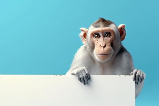Monkey holding white paper with space to write, warning concept, blue background, digital illustration. Generative AI