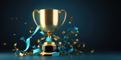 Golden trophy and streamers, business and competition concept, blue background. Generative AI