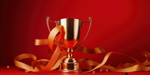 Golden trophy and streamers, business and competition concept, red background. Generative AI