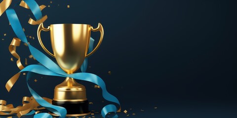 Golden trophy and streamers, business and competition concept, blue background. Generative AI