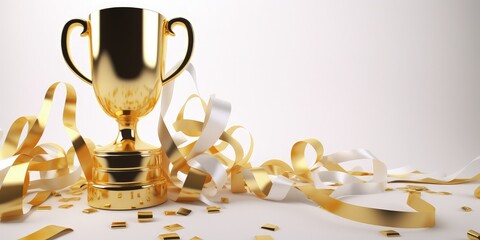 Golden trophy and streamers, business and competition concept, white background. Generative AI