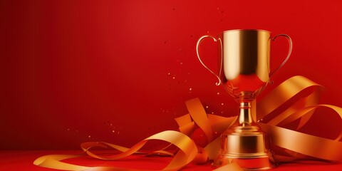 Golden trophy and streamers, business and competition concept, red background. Generative AI